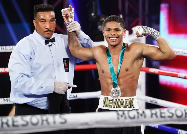 Shakur Stevenson celebrates after beating Felix Caraballo behind closed doors in Las Vegas