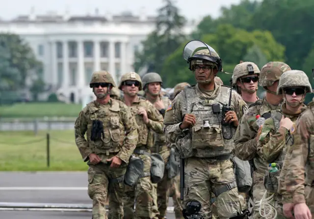 National Guard members deploy near the White House as peaceful protests are scheduled against police brutality and the death of George Floyd, on June 6, 2020 in Washington, DC