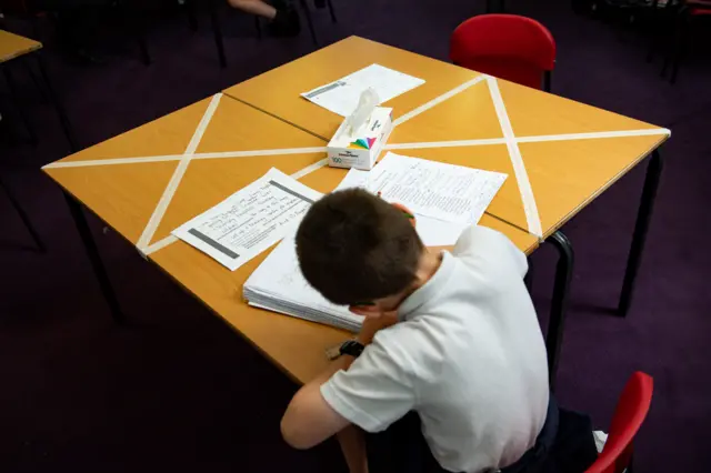 Primary school pupil at socially distanced desk