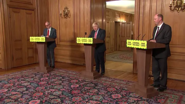 Patrick Vallance, Boris Johnson and Chris Whitty at today's UK briefing