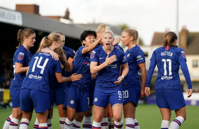 Bethany England celebrates scoring her side's first goal during the FA Women's Super League match at Kingsmeadow, Kingston Upon Thames. 13 October 2019