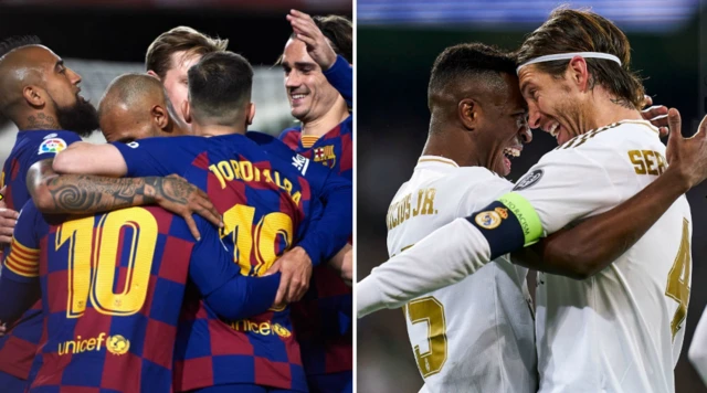 Split picture of Barcelona and Real Madrid players celebrating