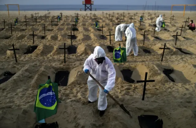 Rio de Paz in protective gear dig graves on Copacabana beach. 11 June 2020