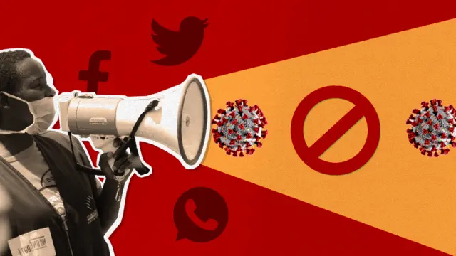 graphic of someone shouting through a loud hailer with a symbol for twitter, facebook, whatsapp and Covid-19 coming out of it and red circle with a line drawn through it
