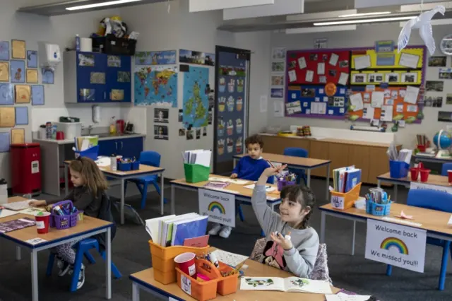 Pupils in a classroom observing social distancing in London