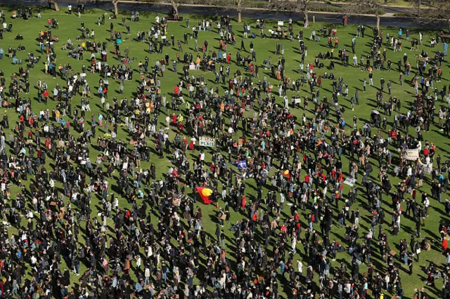 Protestors attend the rally on Langley Park on June 13, 2020 in Perth, Australia