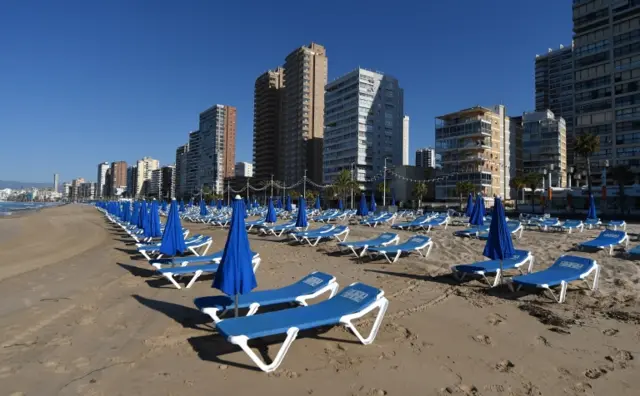 Sunbeds on June 15, 2020 in Benidorm, Spain