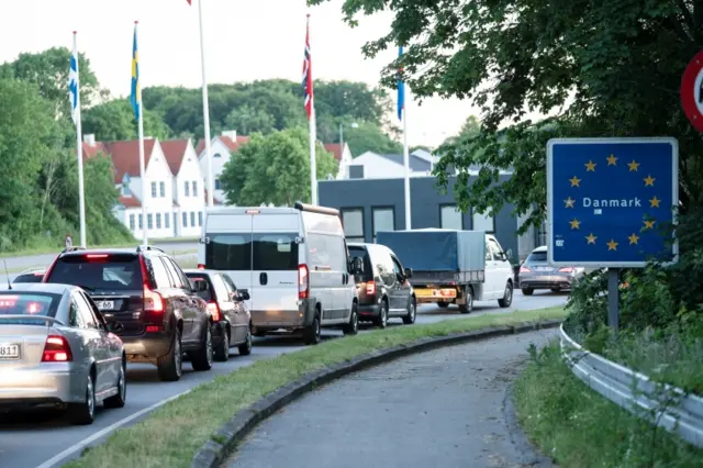 Queues of cars at the German/Danish border