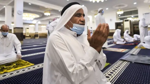 A Muslim worshipper prays at a reopened mosque in Doha, Qatar