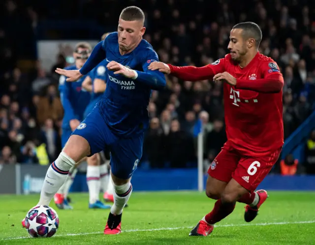 Chelsea's Ross Barkley shields the ball from Bayern Munich's Thiago