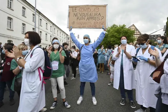 Health workers protested in French cities including Paris, Strasbourg and Nice