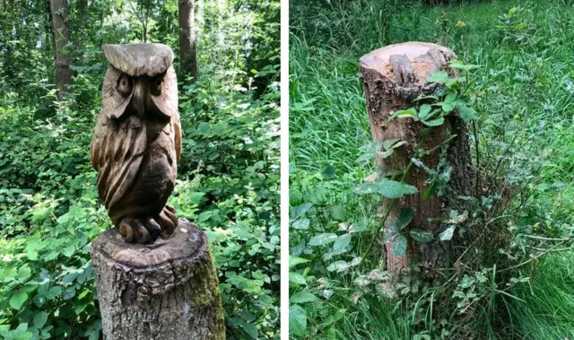 Owl sculpture before attack, a stump afterwards