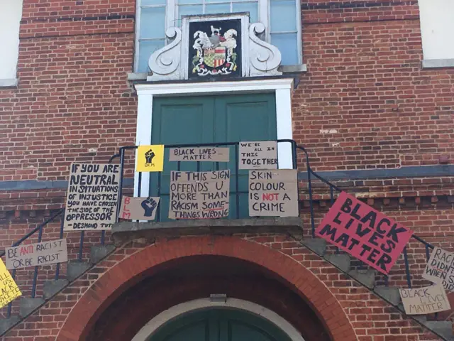 BLM signs have been put up outside the Guildhall in Woodbridge