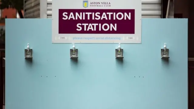 A sanitisation station at Villa Park