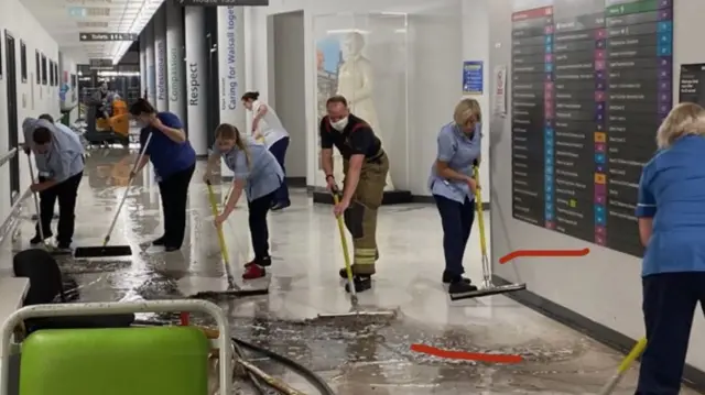 Floodwater being cleared at Walsall Manor Hospital