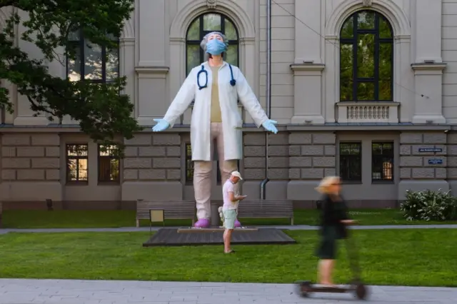 In Riga, Latvia a statue has been built to say thank you to medics for their work during the pandemic, 17 June 2020