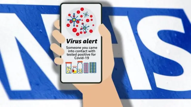 A cartoon showing the NHS logo and a hand holding a coronavirus-related app