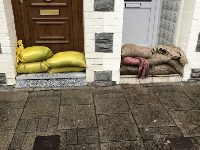 Sandbags outside homes in Pentre