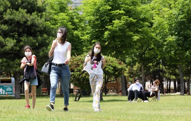 People wearing face masks at a park in Ankara