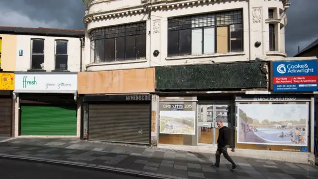 Shops boarded up in Taff Street, Pontypridd