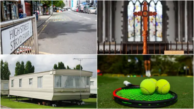 High St, Church altar, static caravan and tennis raquet and balls