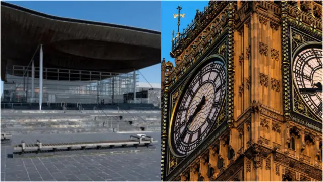 Senedd - Welsh Parliament and Westminster 'Big Ben'