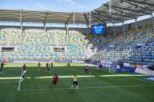 Empty stands during the Polish Ekstraklasa soccer match between Arka Gdynia and Wisla Krakow, amid the ongoing coronavirus pandemic, in Gdynia, southern Poland, 14 June 2020