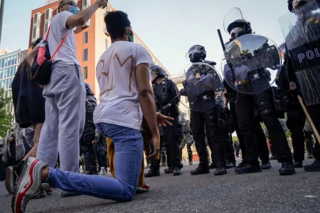 Demonstrators confront law enforcement during a protest on June 1, 2020 in downtown Washington, DC.