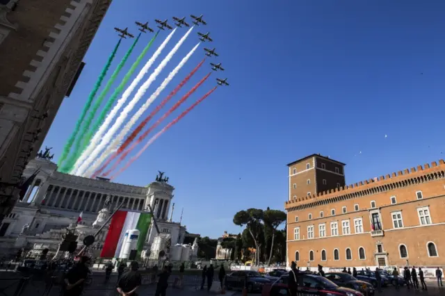 Italian Air Force's aerobatic demonstration team Frecce Tricolori fly in Rome