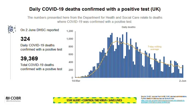 Slide from 2 June No 10 briefing showing daily vrisu deaths in the UK