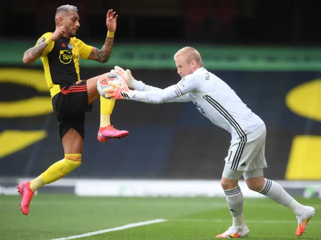 Leicester City's Kasper Schmeichel gets to the ball ahead of Watford's Roberto Pereyra