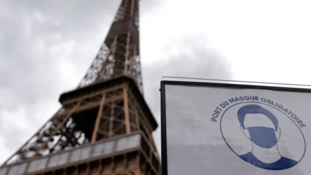 Eiffel Tower with sign about protective masks