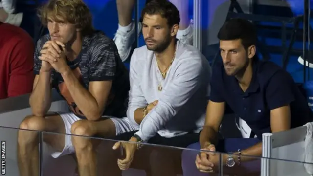 Grigor Dimitrov (centre) sat with Alexander Zverev and Novak Djokovic during the first Adria Tour event in Belgrade last week