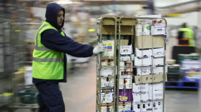 A supermarket worker in a warehouse