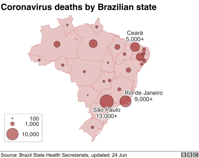 Map showing coronavirus by state in Brazil