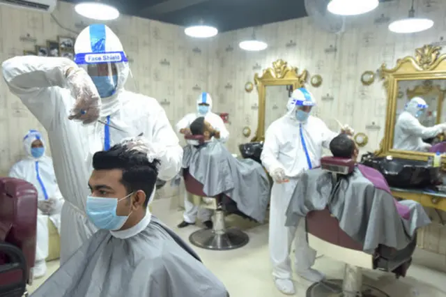 A hair salon with PPE in Bangladesh