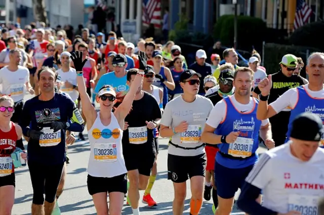 Participants run during the New York City marathon