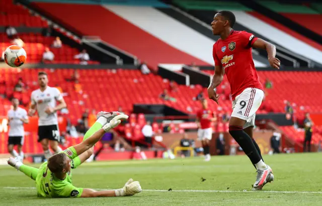 Anthony Martial scores his hat-trick goal against Sheffield United