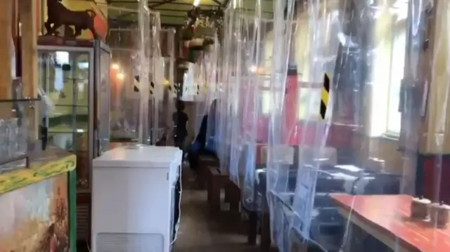 Shower curtains inside cafe