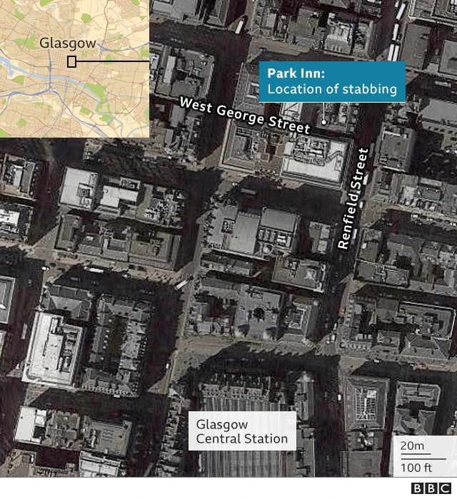 Map of Glasgow city centre locating stabbings