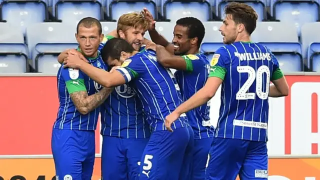 Wigan celebrate Michael Jacobs' goal