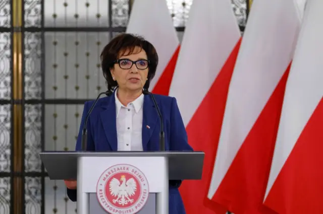 Speaker Elzbieta Witek during a speech for the media in front of the Column Hall in the Sejm in Warsaw, Poland, 03 June 2020