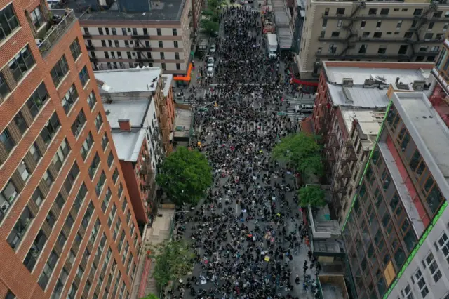 A drone photo shows New Yorkers gathered to protest over the death of George Floyd