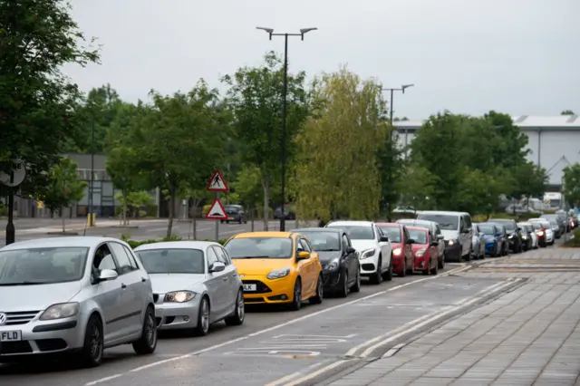 Cars queue for McDonald's as it reopened at Nantgarw today