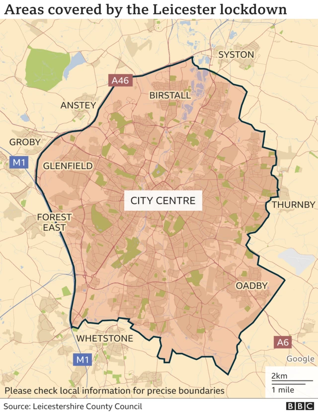 Map showing areas of lockdown in Leicester