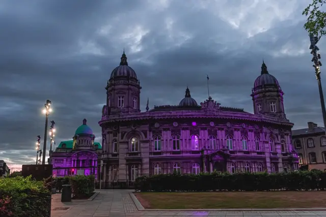 Buildings turned purple