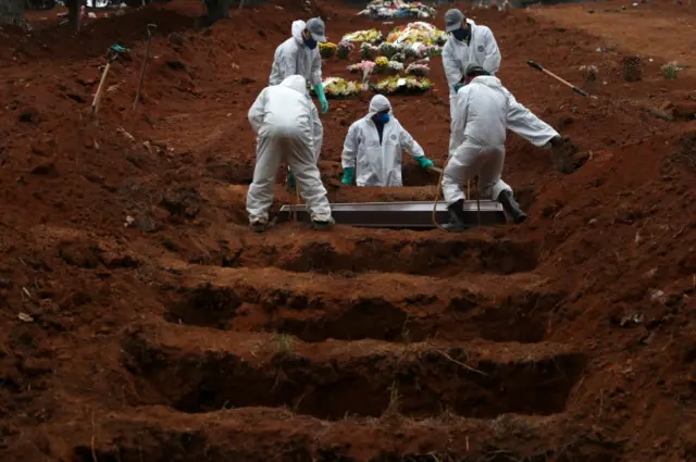 Workers wearing protective equipment bury a coffin at a cemetery in Sao Paolo