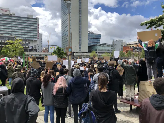Crowds gather in Piccadilly Gardens, Manchester