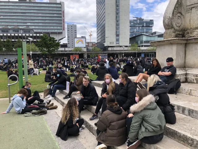 Anti-racism demonstrators in Piccadilly Gardens, Manchester
