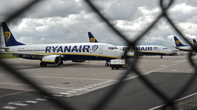 Ryanair planes pictured on the apron at Manchester Airport